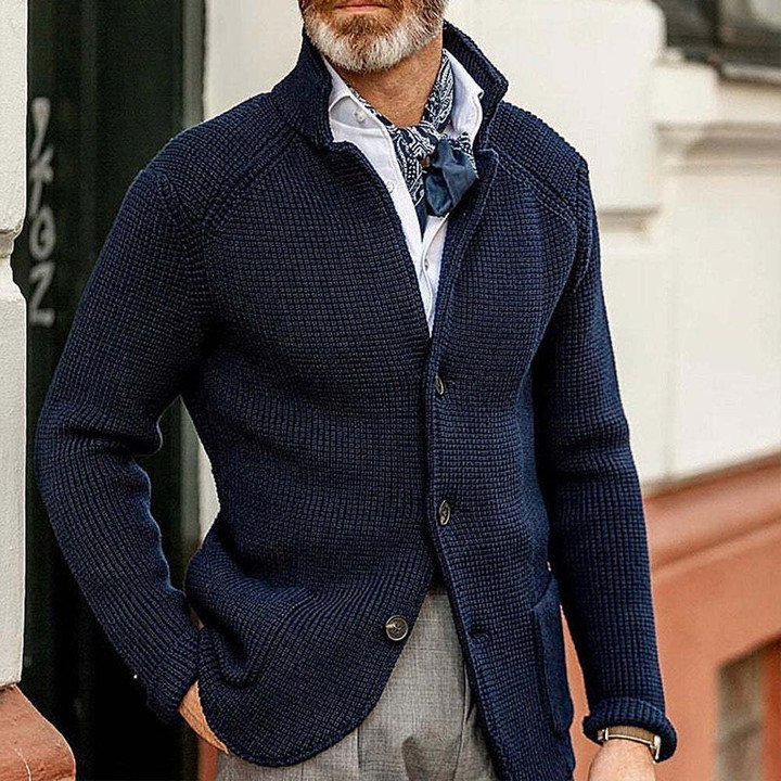 Men's thick cotton-blend cardigan jacket with button front and patch pockets