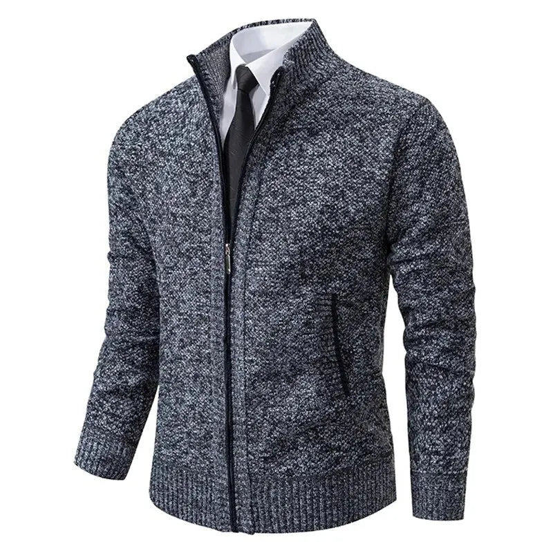 Men's full-zip knit cardigan with stand collar and ribbed trims