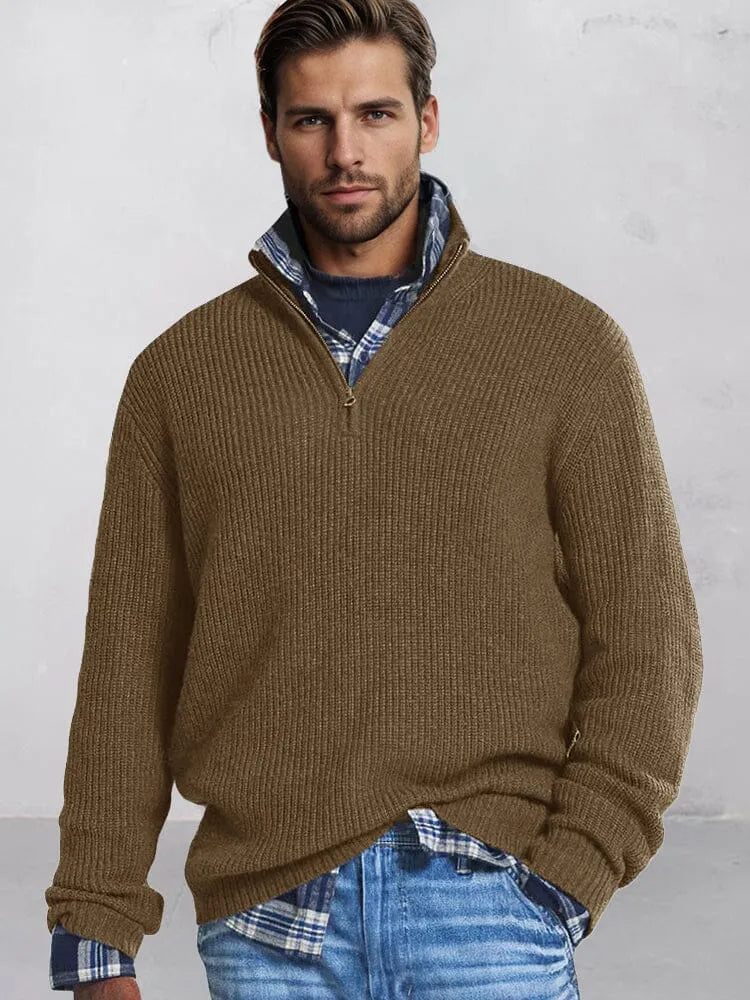 Men's cotton-blend knit jumper with half-zip stand collar