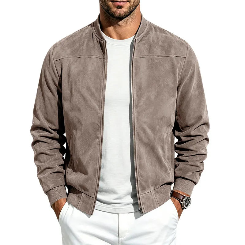 Men's suede-effect bomber jacket with full zip and ribbed collar and cuffs