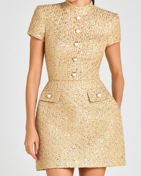 Gold Bouclé Sculpted Mini Dress