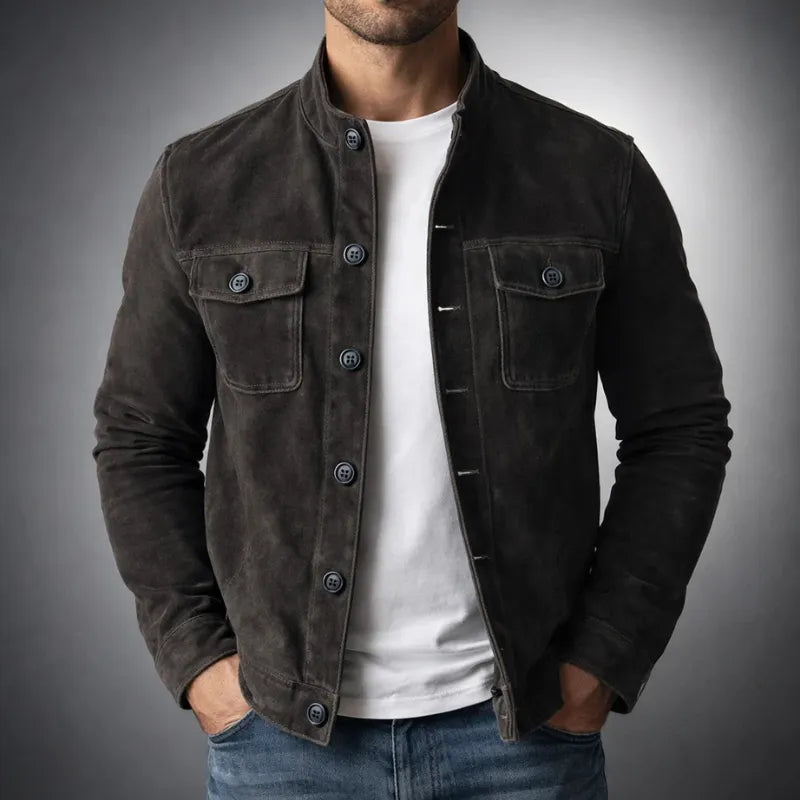 Men's vintage suede single-breasted jacket with stand collar and chest flap pockets