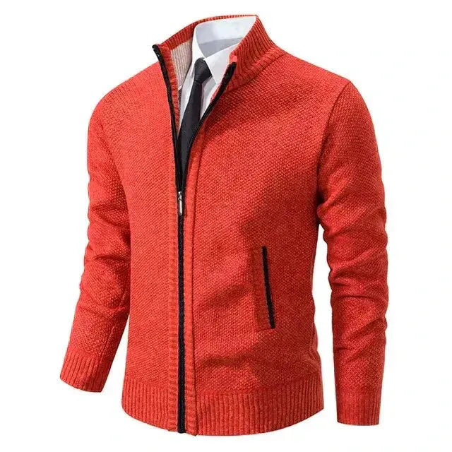 Men's full-zip knit cardigan with stand collar and ribbed trims