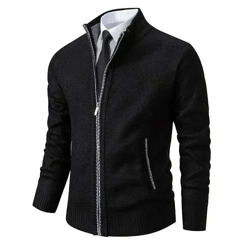Men's full-zip knit cardigan with stand collar and ribbed trims