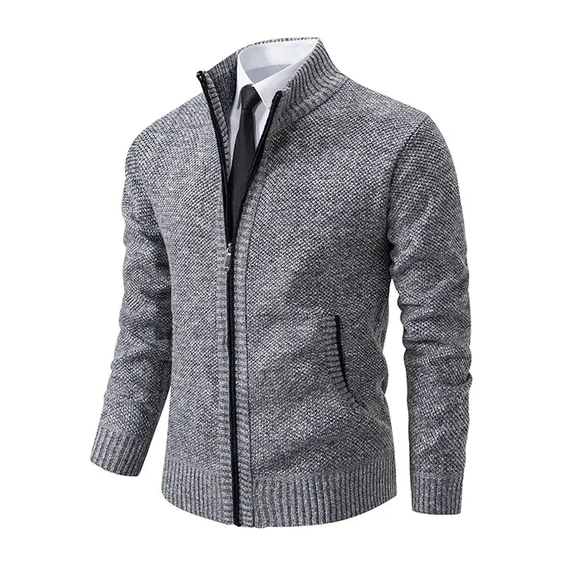 Men's full-zip knit cardigan with stand collar and ribbed trims