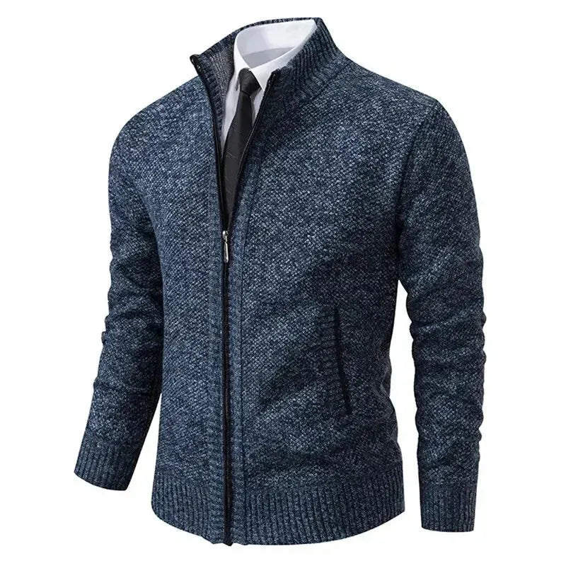 Men's full-zip knit cardigan with stand collar and ribbed trims