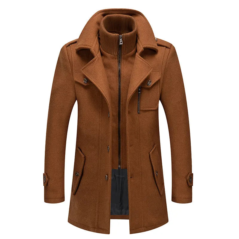 Men's single-breasted wool-blend winter coat with double-layer collar