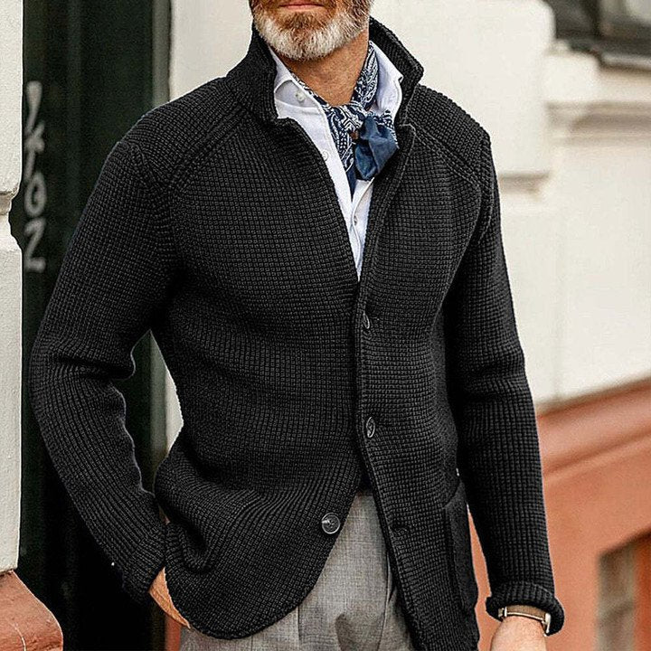 Men's thick cotton-blend cardigan jacket with button front and patch pockets
