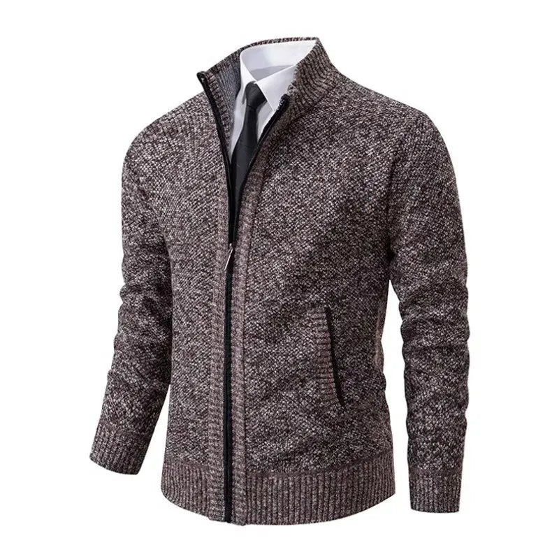 Men's full-zip knit cardigan with stand collar and ribbed trims
