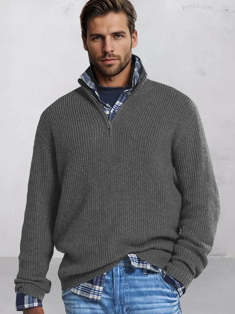 Men's cotton-blend knit jumper with half-zip stand collar