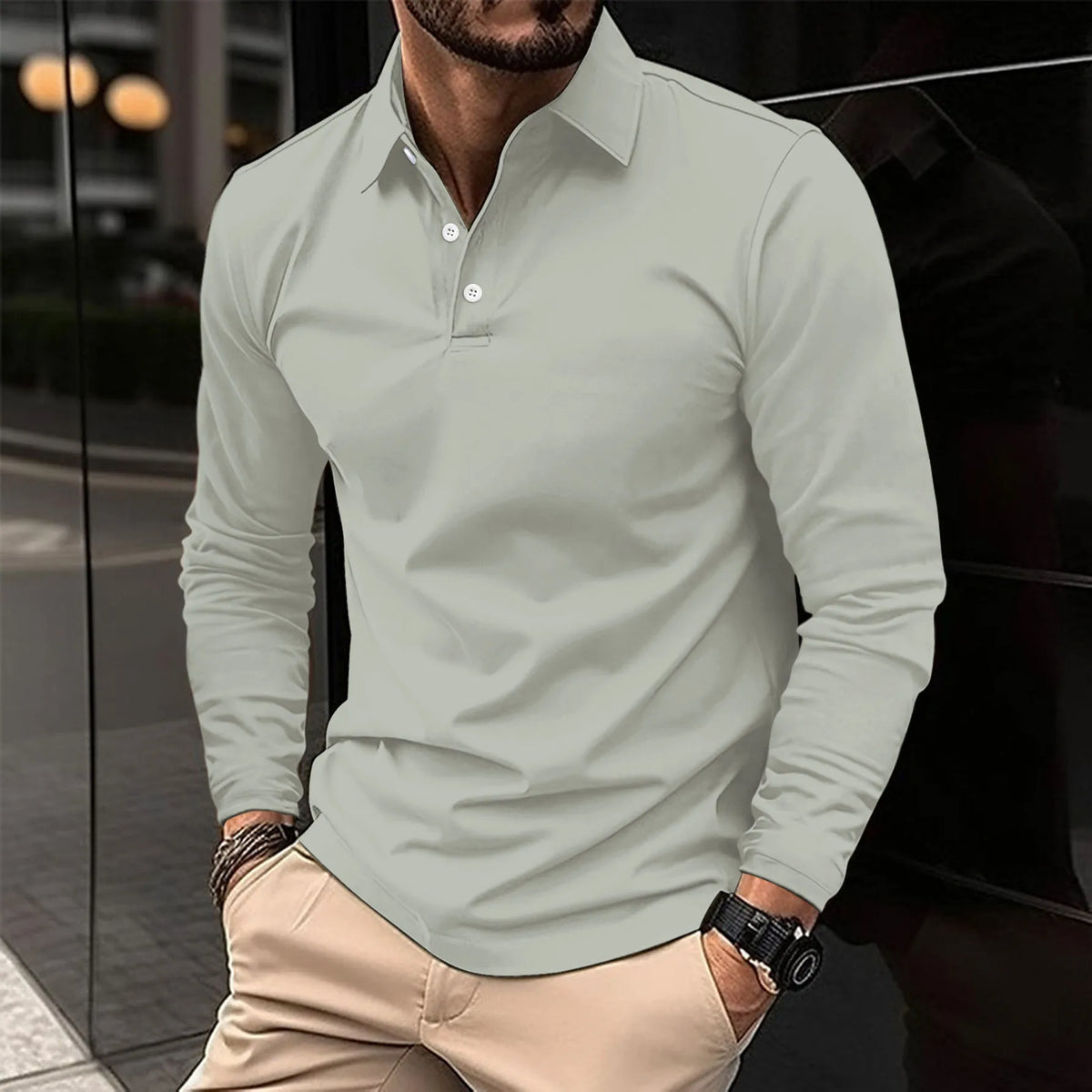 Men's long-sleeve knit polo shirt with structured collar