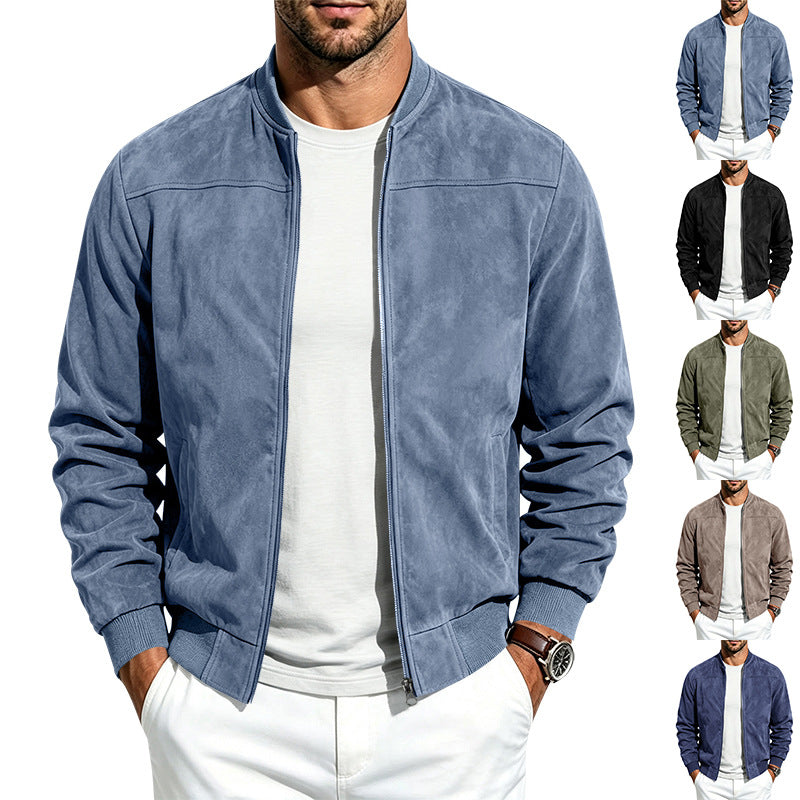Men's suede-effect bomber jacket with full zip and ribbed collar and cuffs