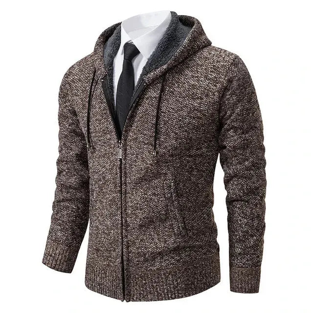 Men's full-zip knit cardigan with stand collar and ribbed trims