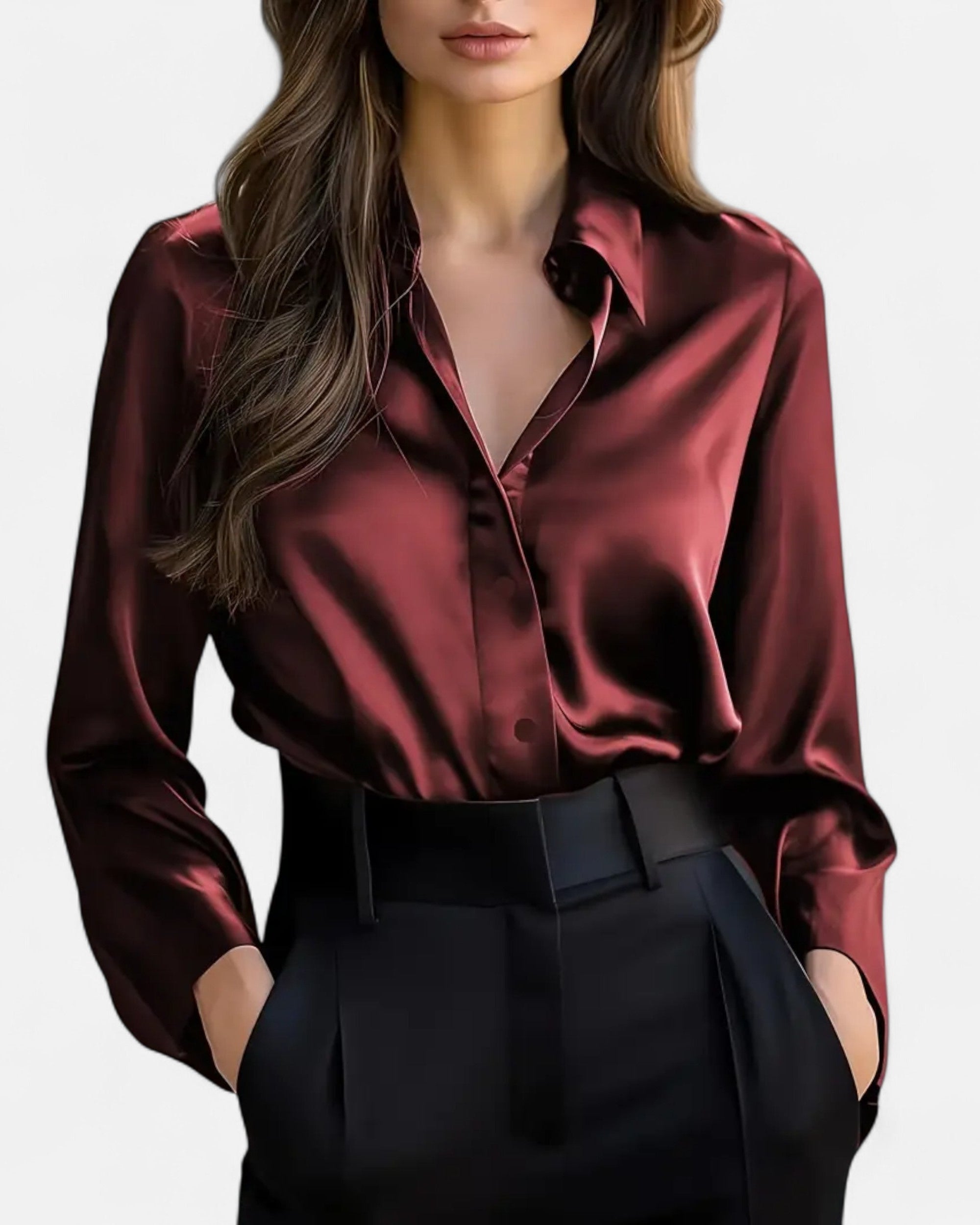 Satin-Sheen Long-Sleeve Button-Up Blouse for Women