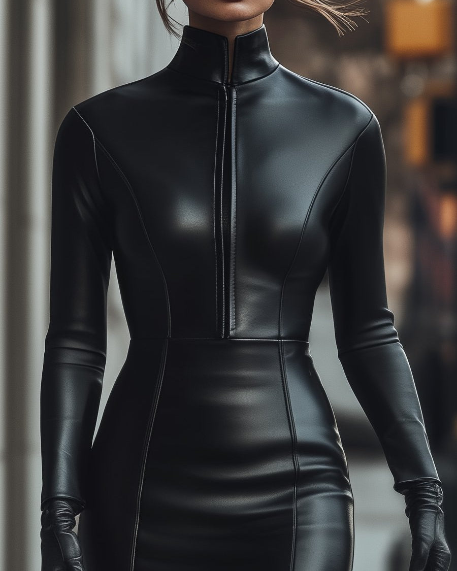 Midnight Zip-Front Faux Leather Dress