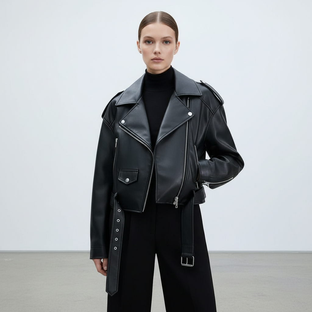 Kallos London Women's Oversized Vintage Loose PU Faux Leather Short Jacket