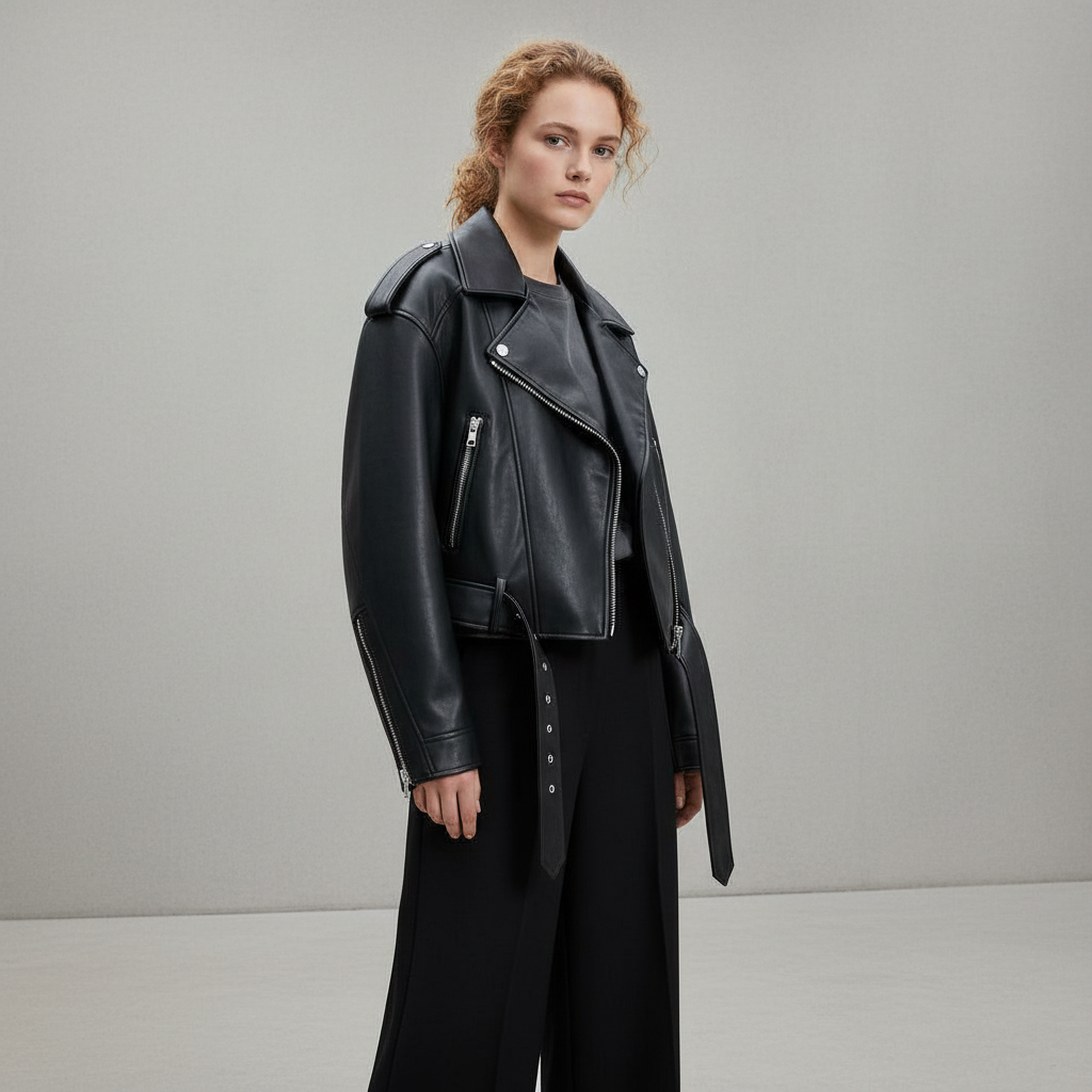 Kallos London Women's Oversized Vintage Loose PU Faux Leather Short Jacket