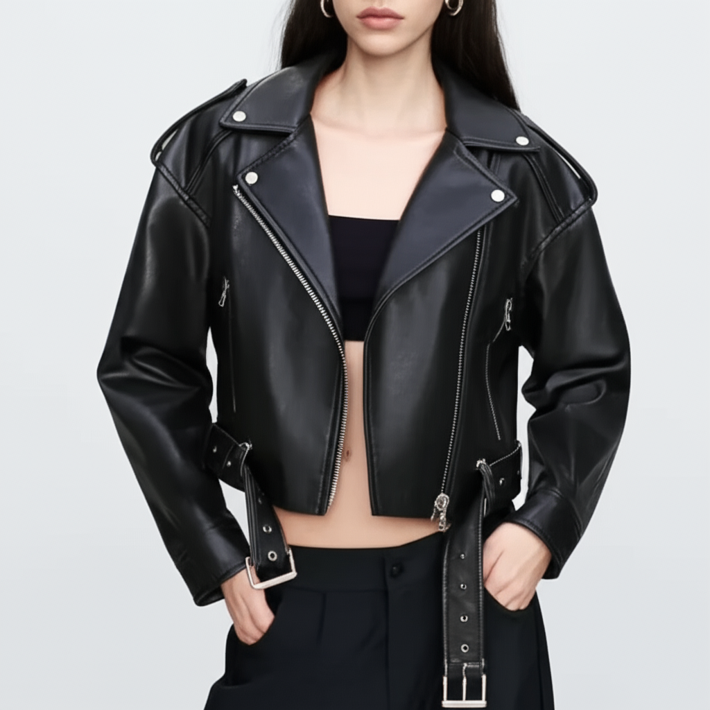 Kallos London Women's Oversized Vintage Loose PU Faux Leather Short Jacket