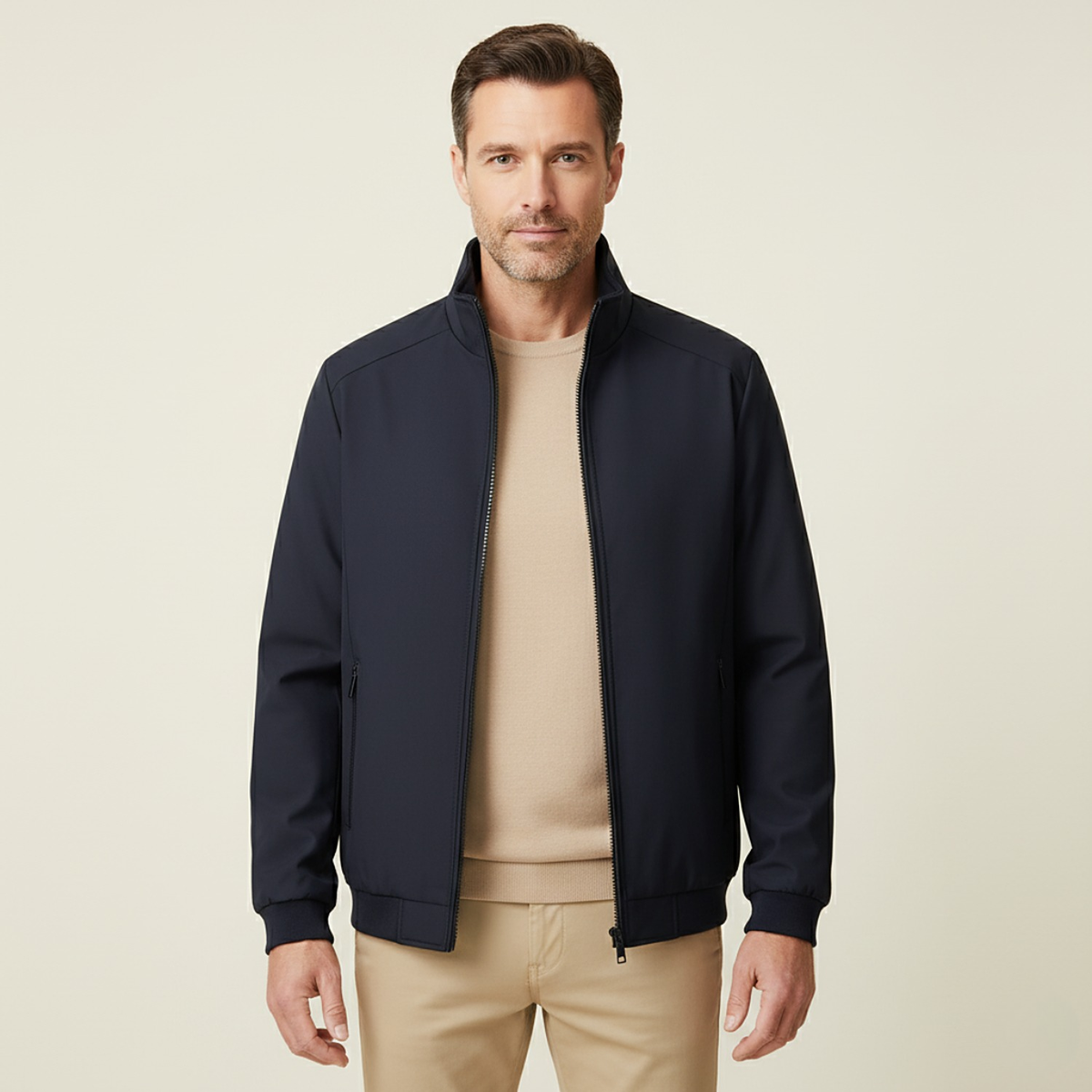 Men's fleece-lined zip jacket with stand collar and ribbed cuffs