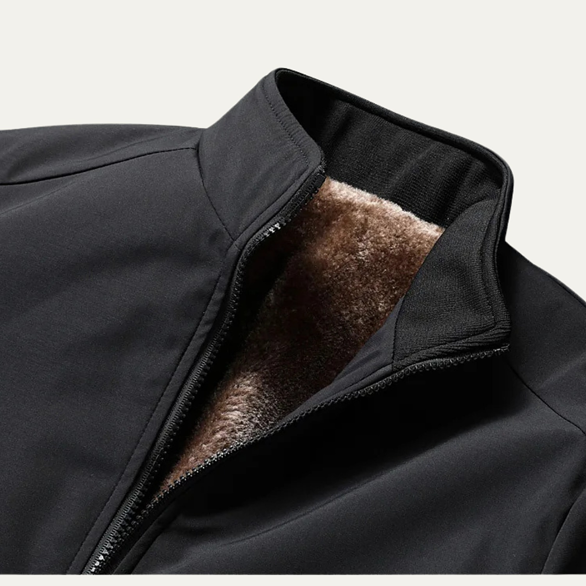Men's fleece-lined zip jacket with stand collar and ribbed cuffs