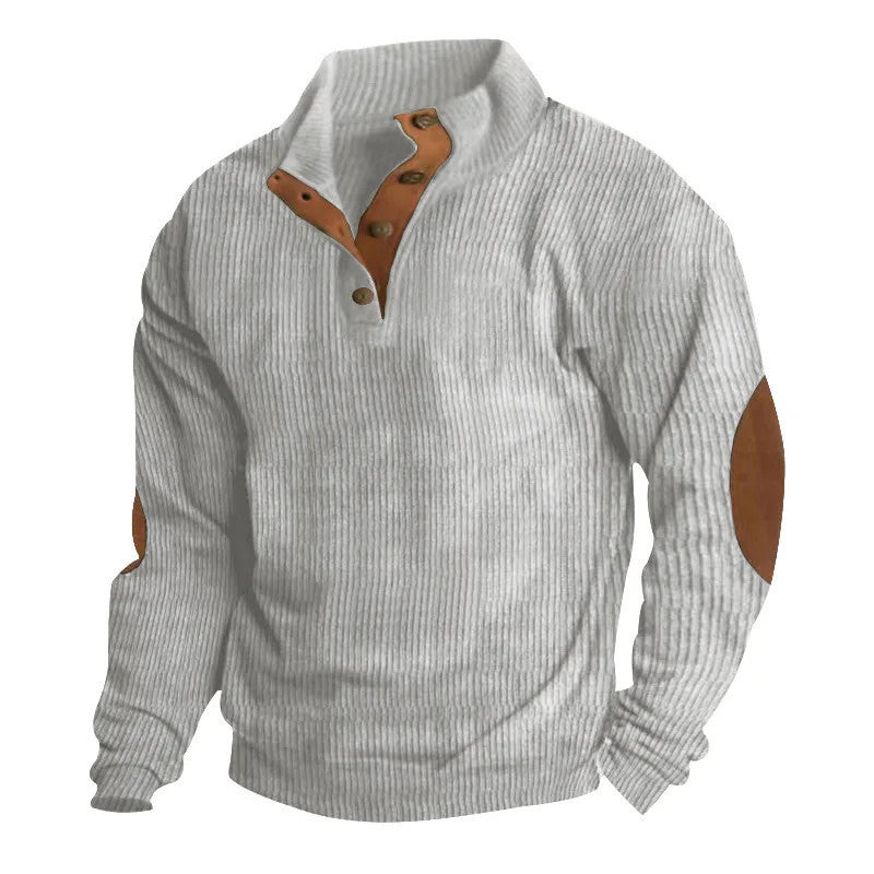 Men's corduroy stand-collar pullover with button placket and contrast elbow patches