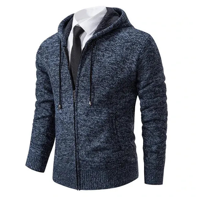 Men's full-zip knit cardigan with stand collar and ribbed trims