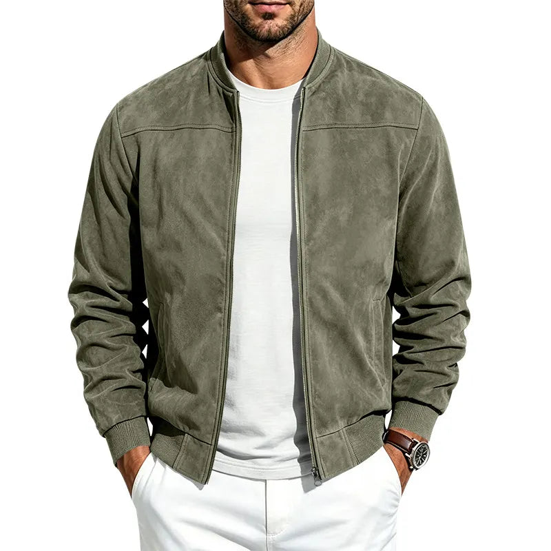 Men's suede-effect bomber jacket with full zip and ribbed collar and cuffs