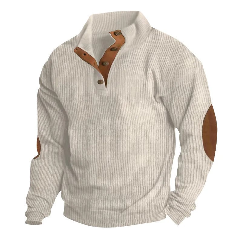Men's corduroy stand-collar pullover with button placket and contrast elbow patches