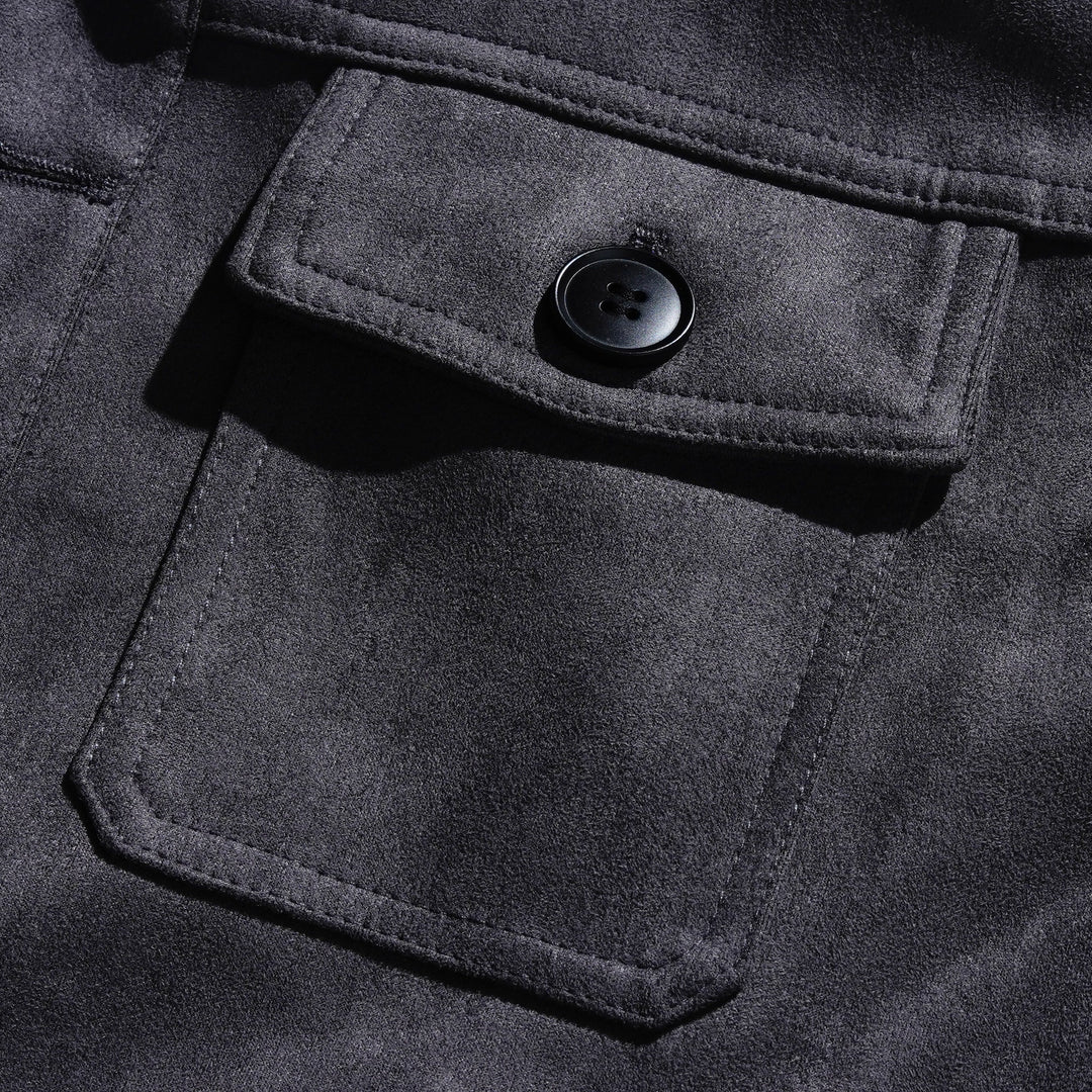 Men's vintage suede single-breasted jacket with stand collar and chest flap pockets