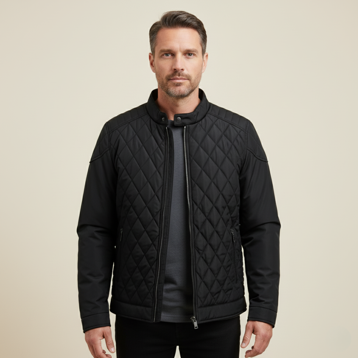 Men's quilted jacket with stand collar and zip front