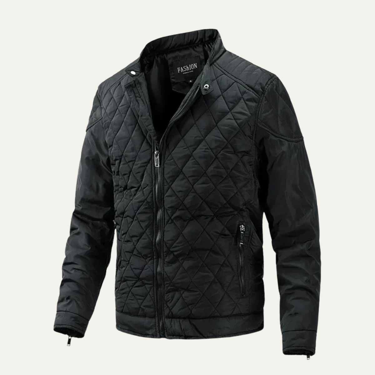 Men's quilted jacket with stand collar and zip front