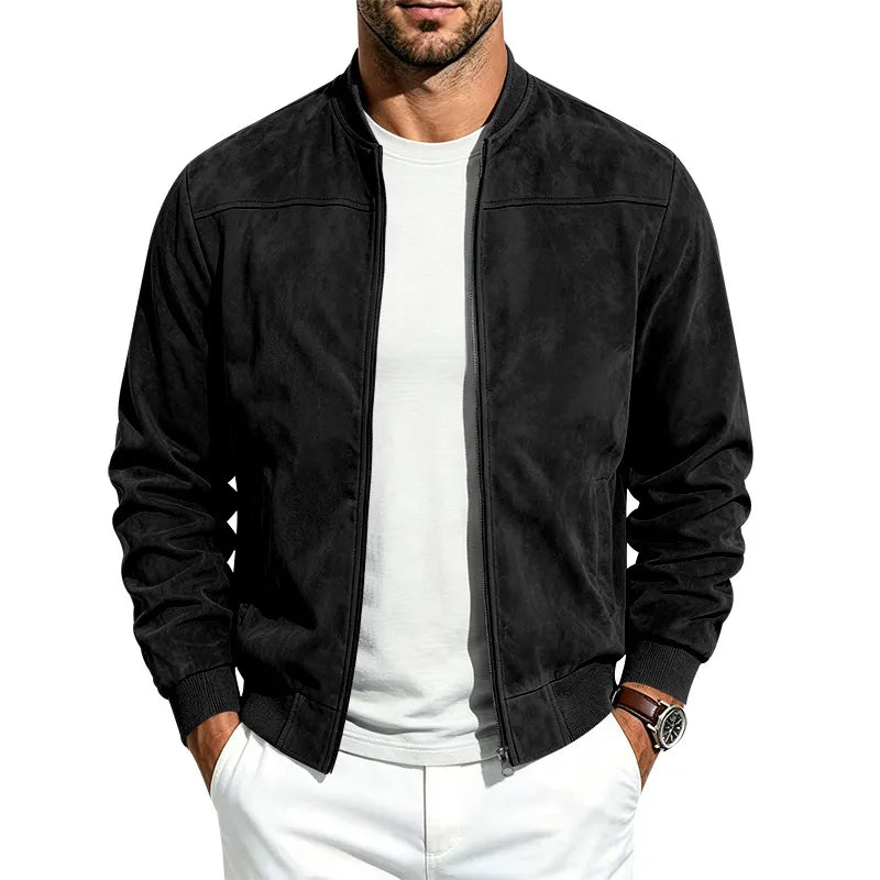 Men's suede-effect bomber jacket with full zip and ribbed collar and cuffs