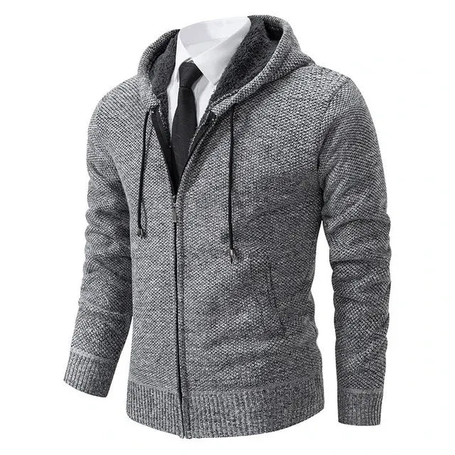 Men's full-zip knit cardigan with stand collar and ribbed trims