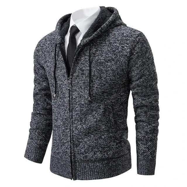 Men's full-zip knit cardigan with stand collar and ribbed trims