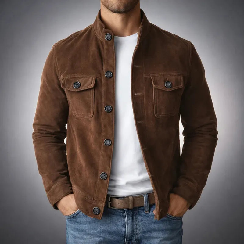 Men's vintage suede single-breasted jacket with stand collar and chest flap pockets
