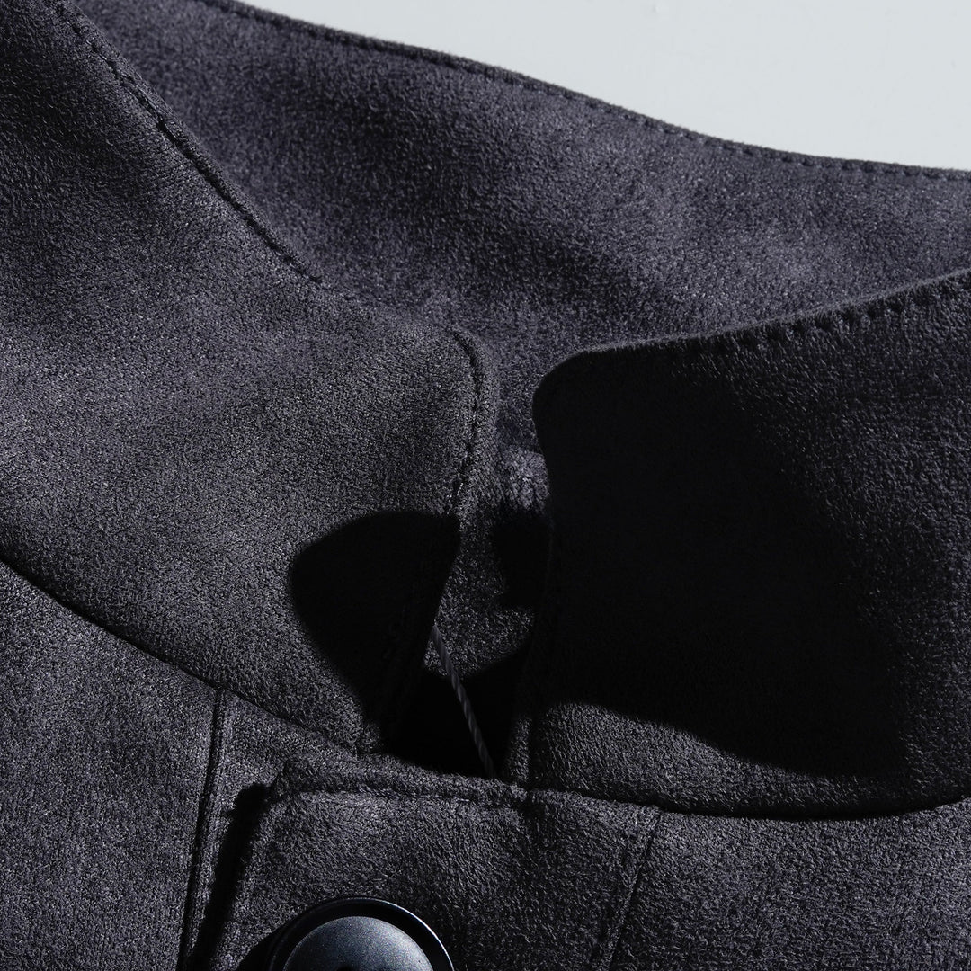 Men's vintage suede single-breasted jacket with stand collar and chest flap pockets