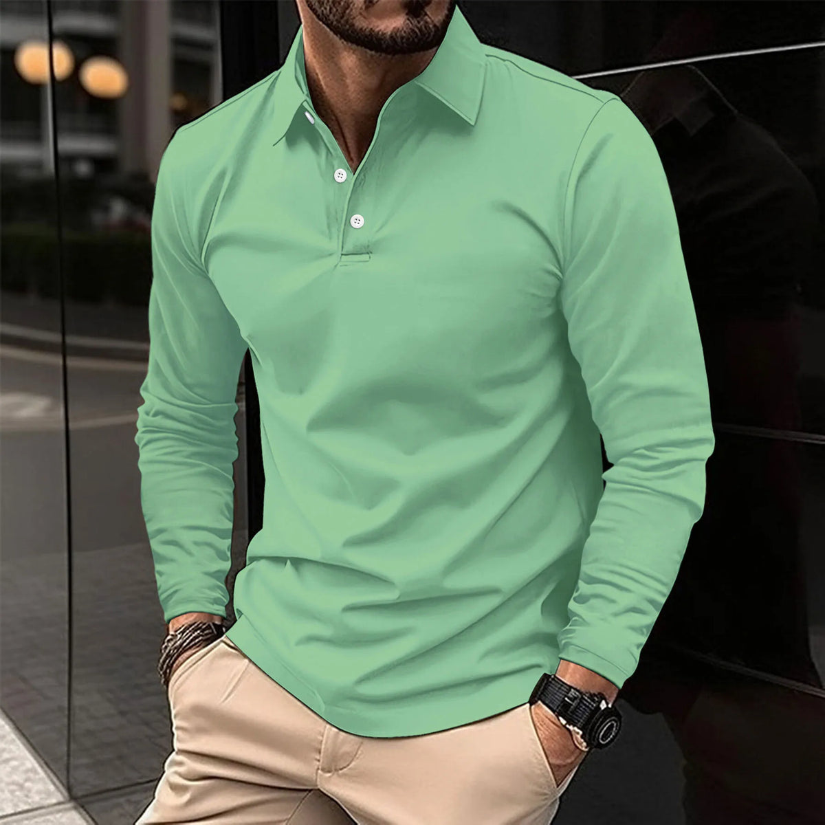 Men's long-sleeve knit polo shirt with structured collar