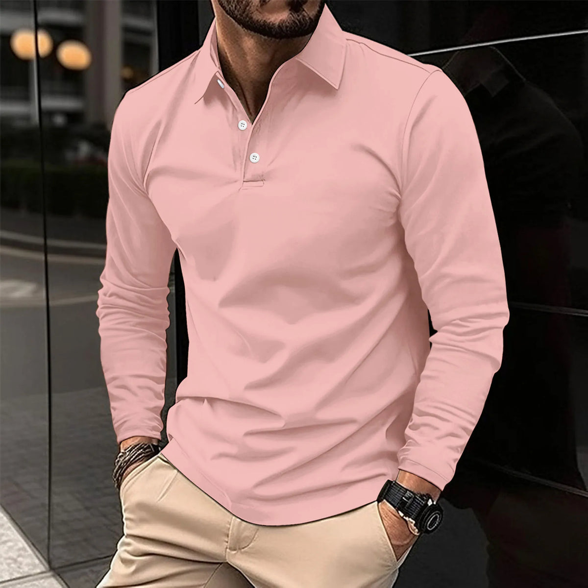 Men's long-sleeve knit polo shirt with structured collar
