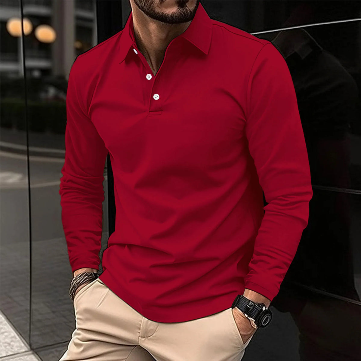 Men's long-sleeve knit polo shirt with structured collar
