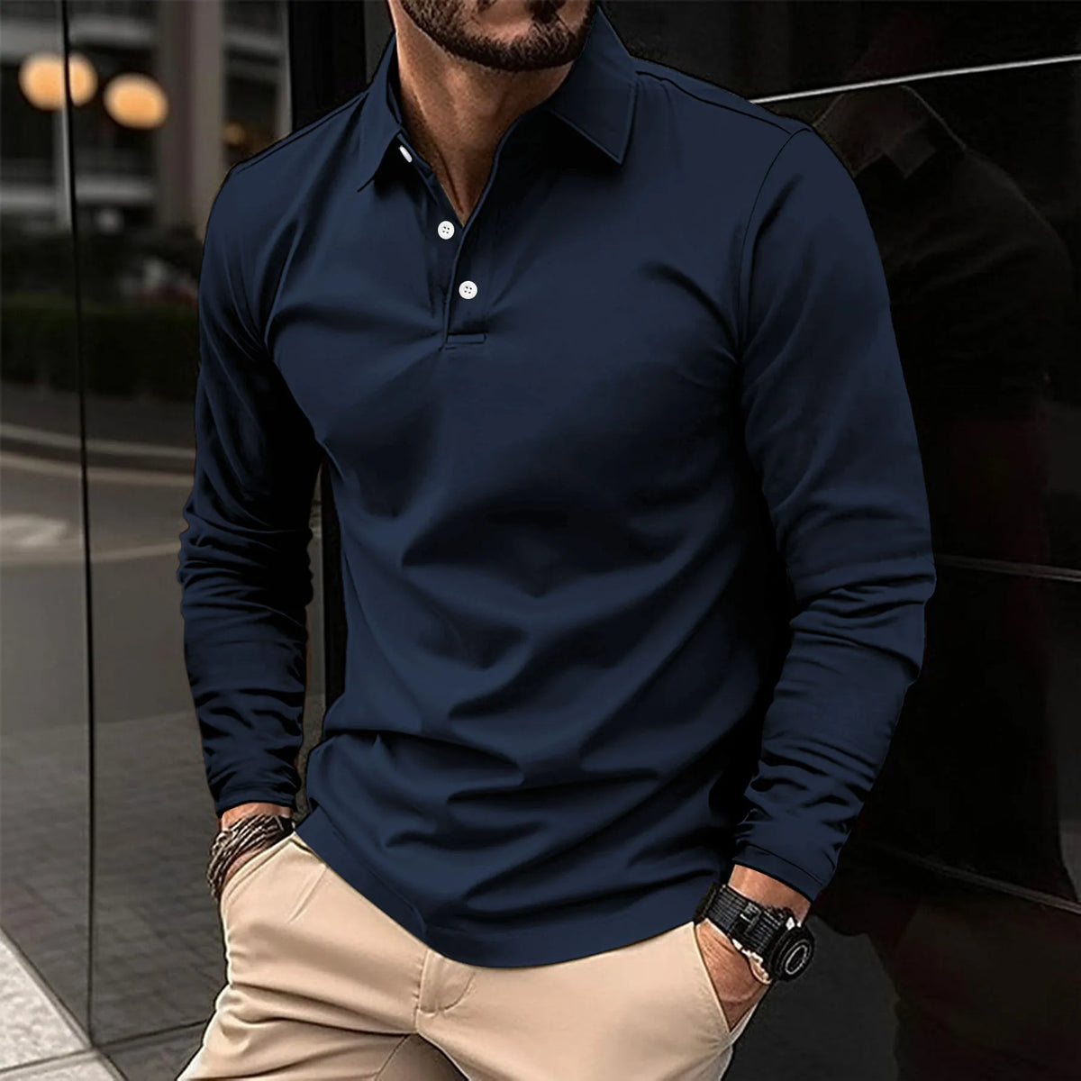 Men's long-sleeve knit polo shirt with structured collar