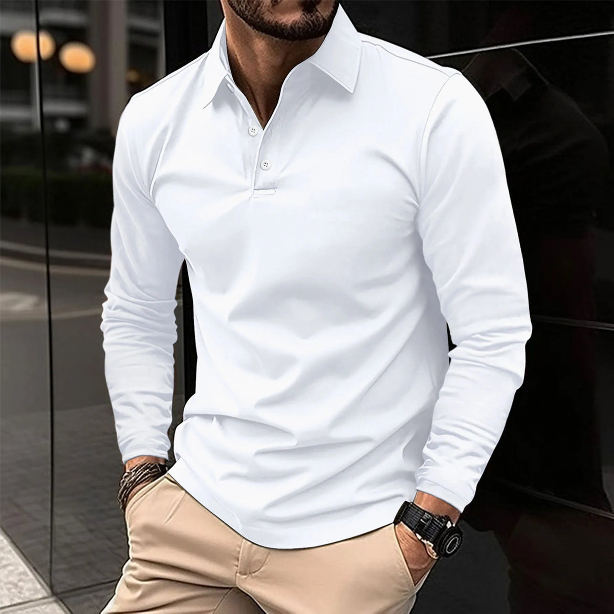 Men's long-sleeve knit polo shirt with structured collar