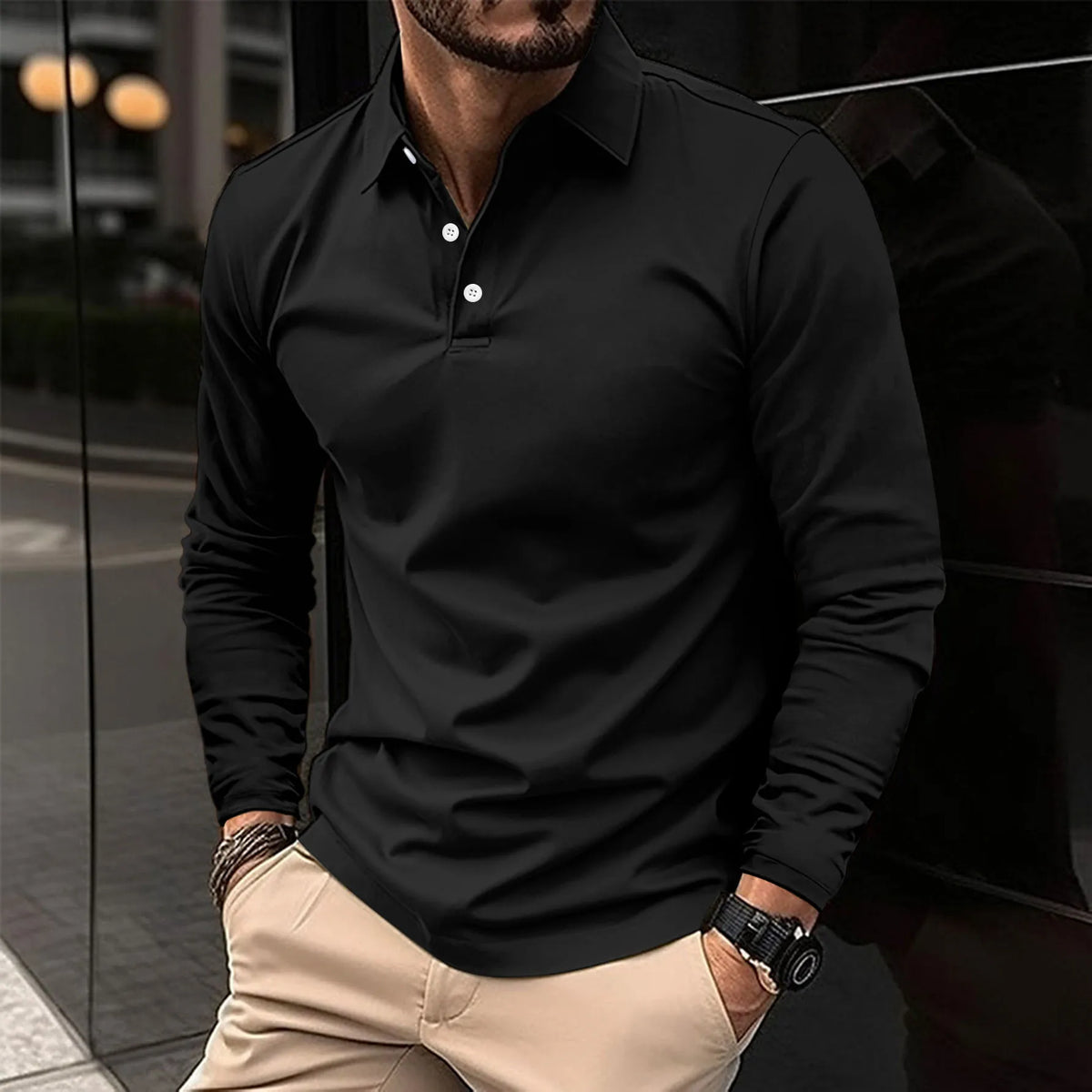 Men's long-sleeve knit polo shirt with structured collar