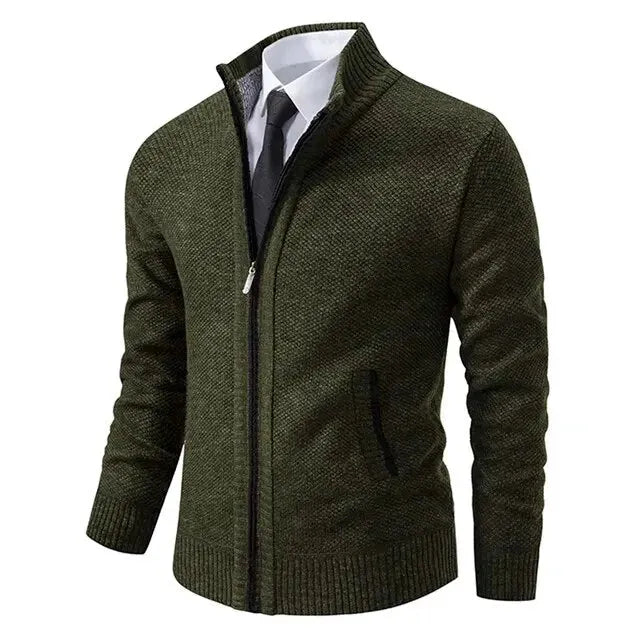 Men's full-zip knit cardigan with stand collar and ribbed trims