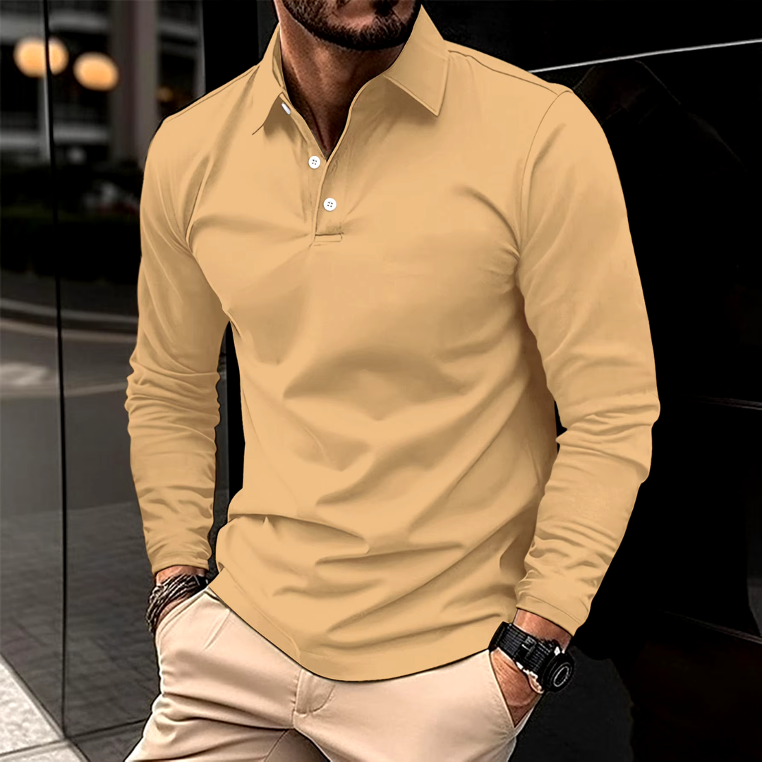 Men's long-sleeve knit polo shirt with structured collar