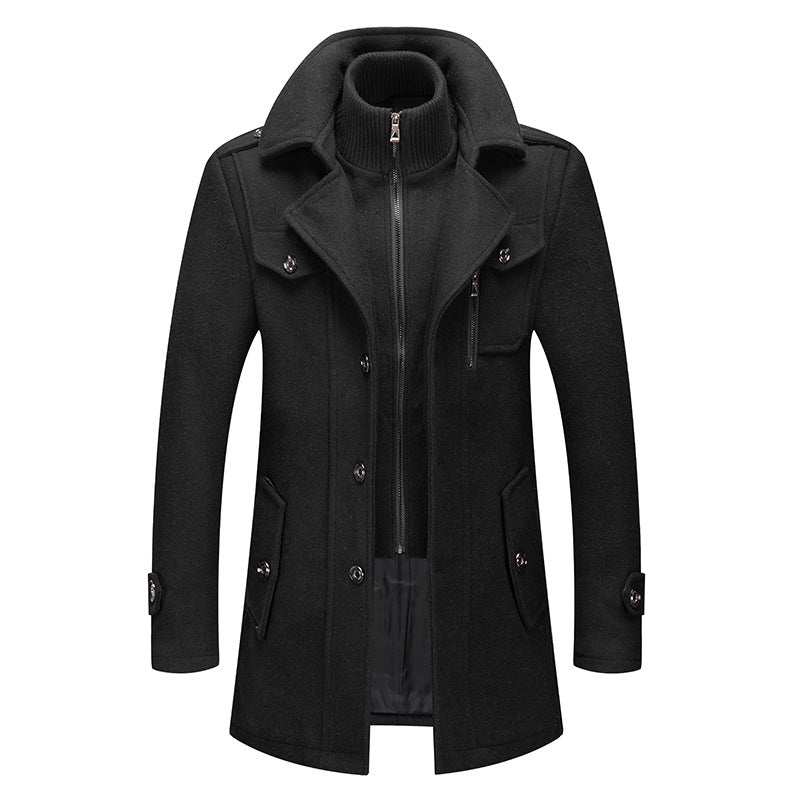 Men's single-breasted wool-blend winter coat with double-layer collar