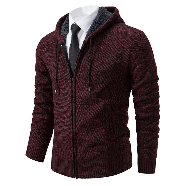 Men's full-zip knit cardigan with stand collar and ribbed trims