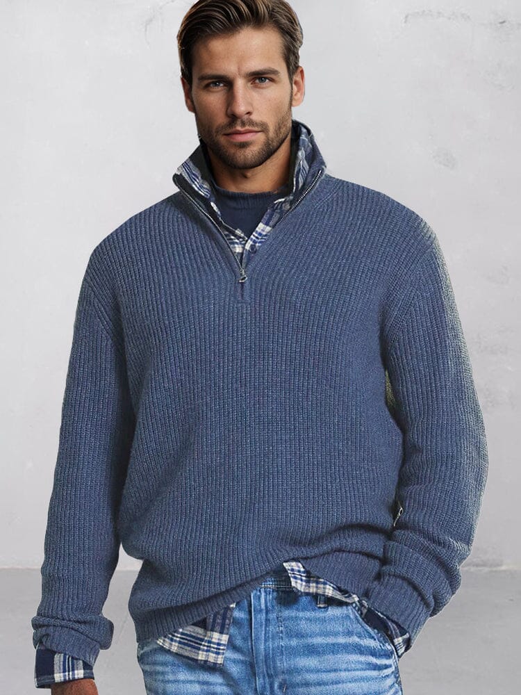 Men's cotton-blend knit jumper with half-zip stand collar