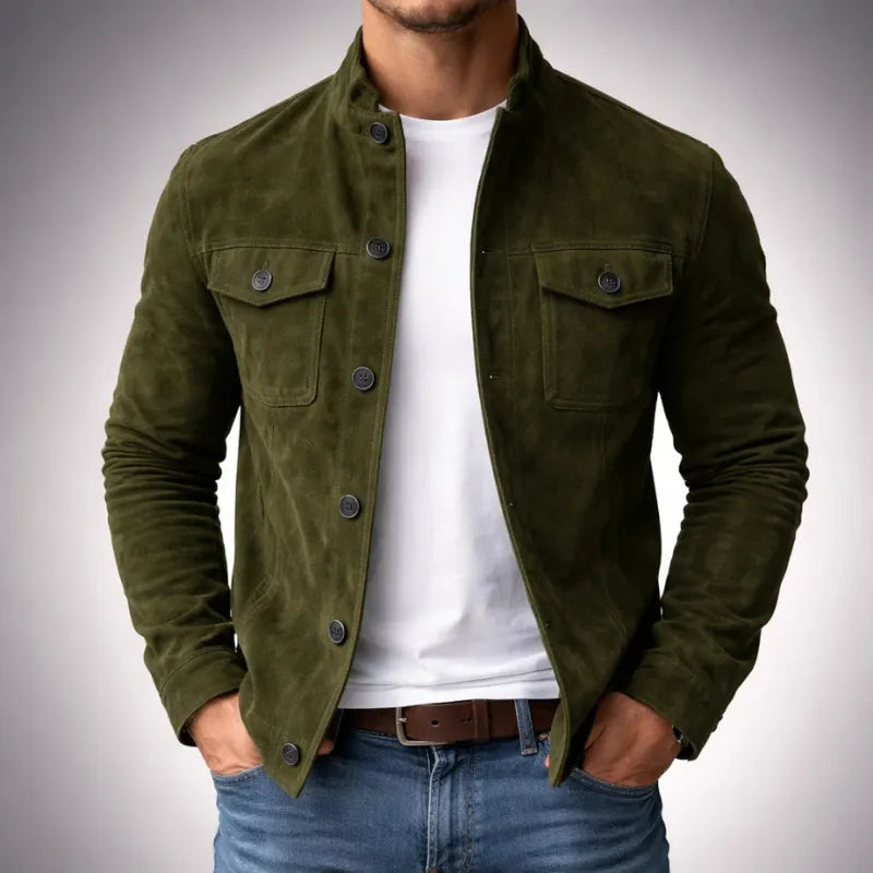 Men's vintage suede single-breasted jacket with stand collar and chest flap pockets
