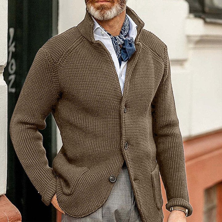 Men's thick cotton-blend cardigan jacket with button front and patch pockets