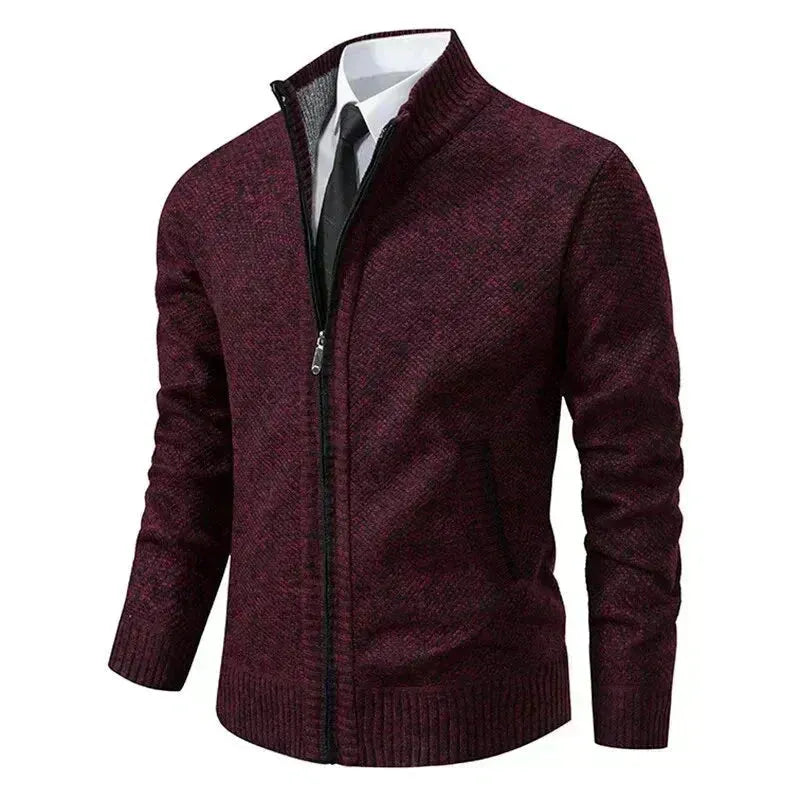 Men's full-zip knit cardigan with stand collar and ribbed trims
